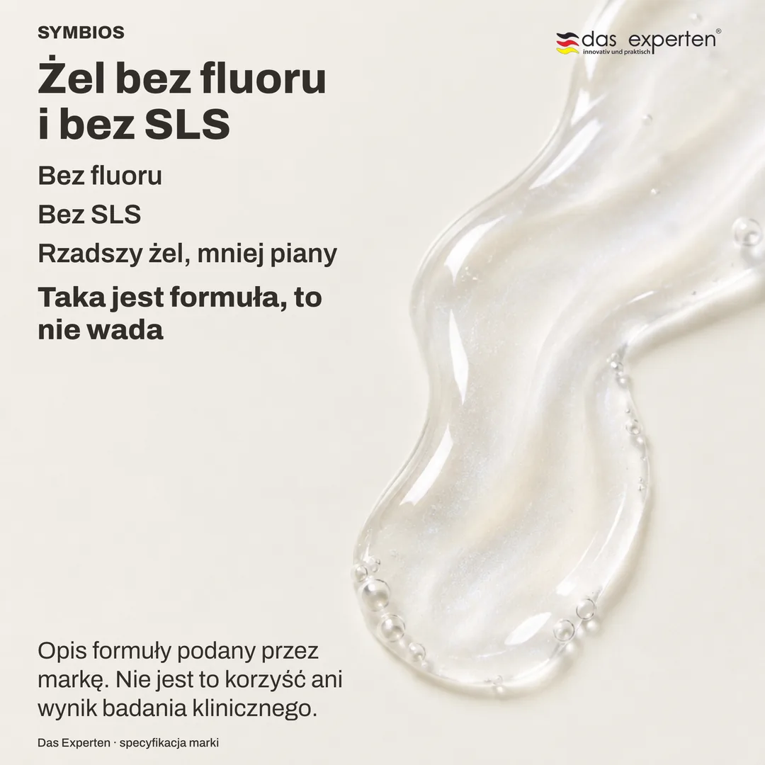 Ilustracja półprzezroczystego żelu na główce szczoteczki, rzadszego niż pasta i mało pieniącego