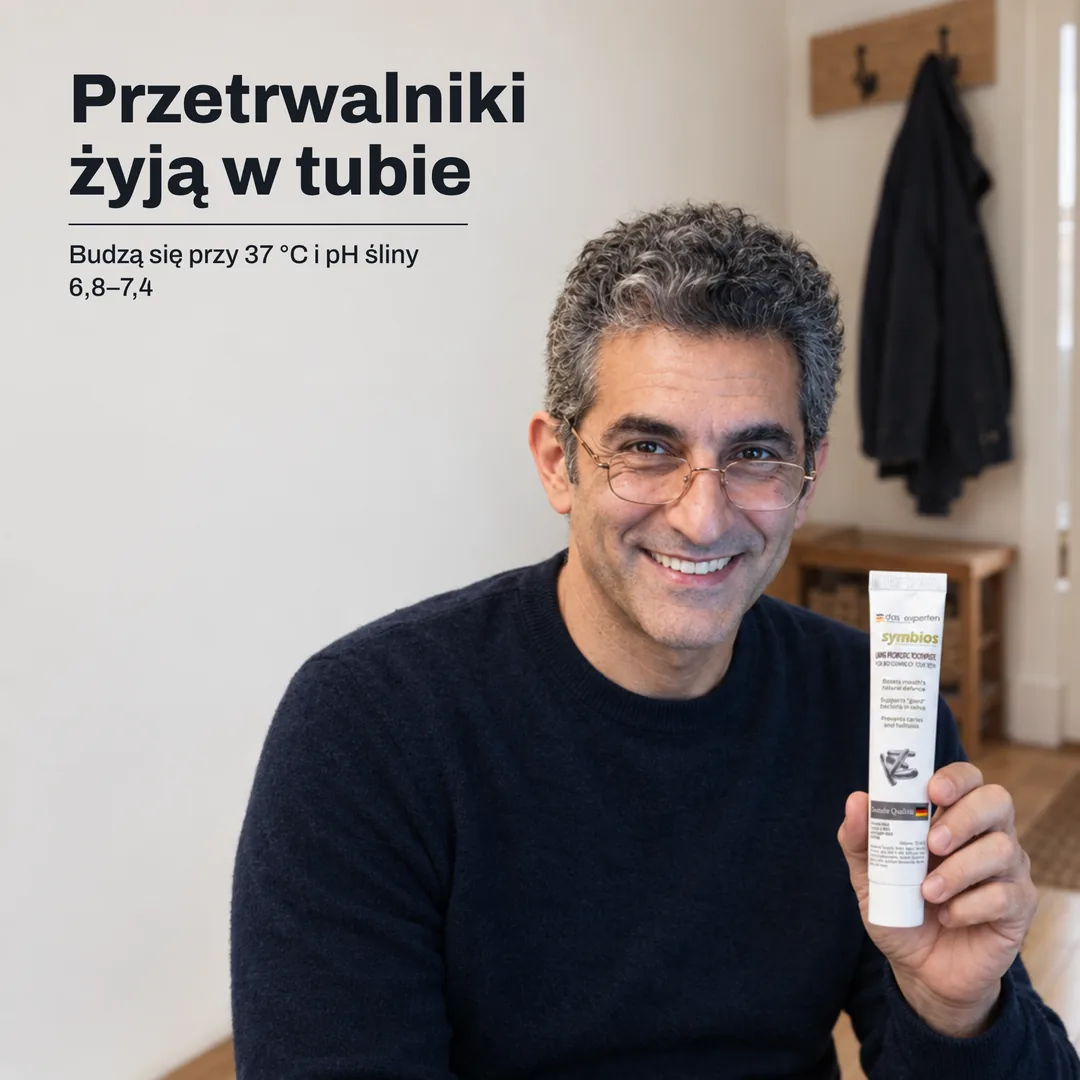Przetrwalniki żyją w tubie — Budzą się przy 37 °C i pH śliny 6,8–7,4