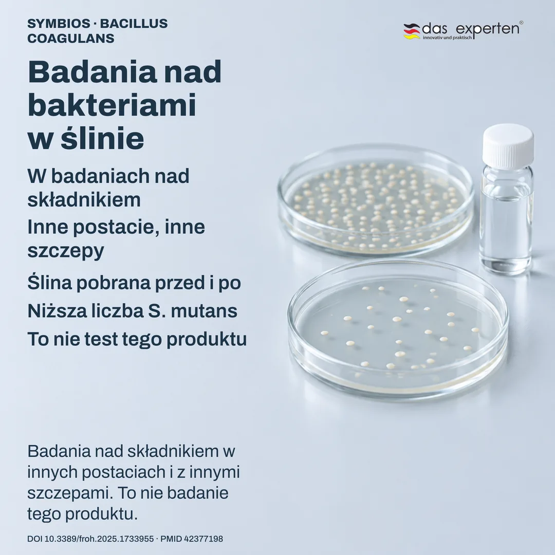 Scena laboratoryjna: opisane próbki śliny i płytki hodowlane — badania nad składnikiem, nie nad tym produktem