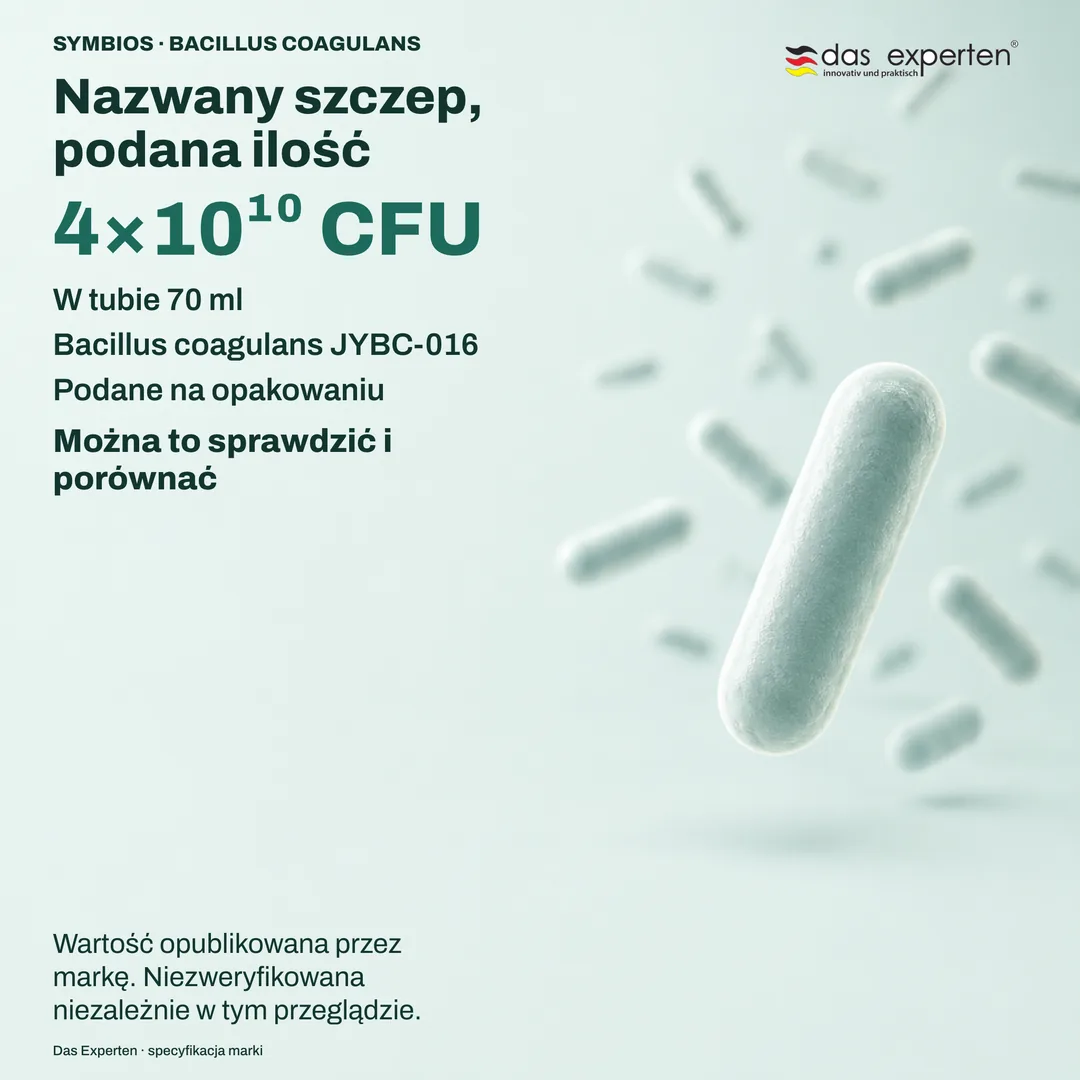 Poglądowa tabliczka specyfikacji z 4×10¹⁰ CFU w tubie 70 ml i szczepem Bacillus coagulans JYBC-016 według marki