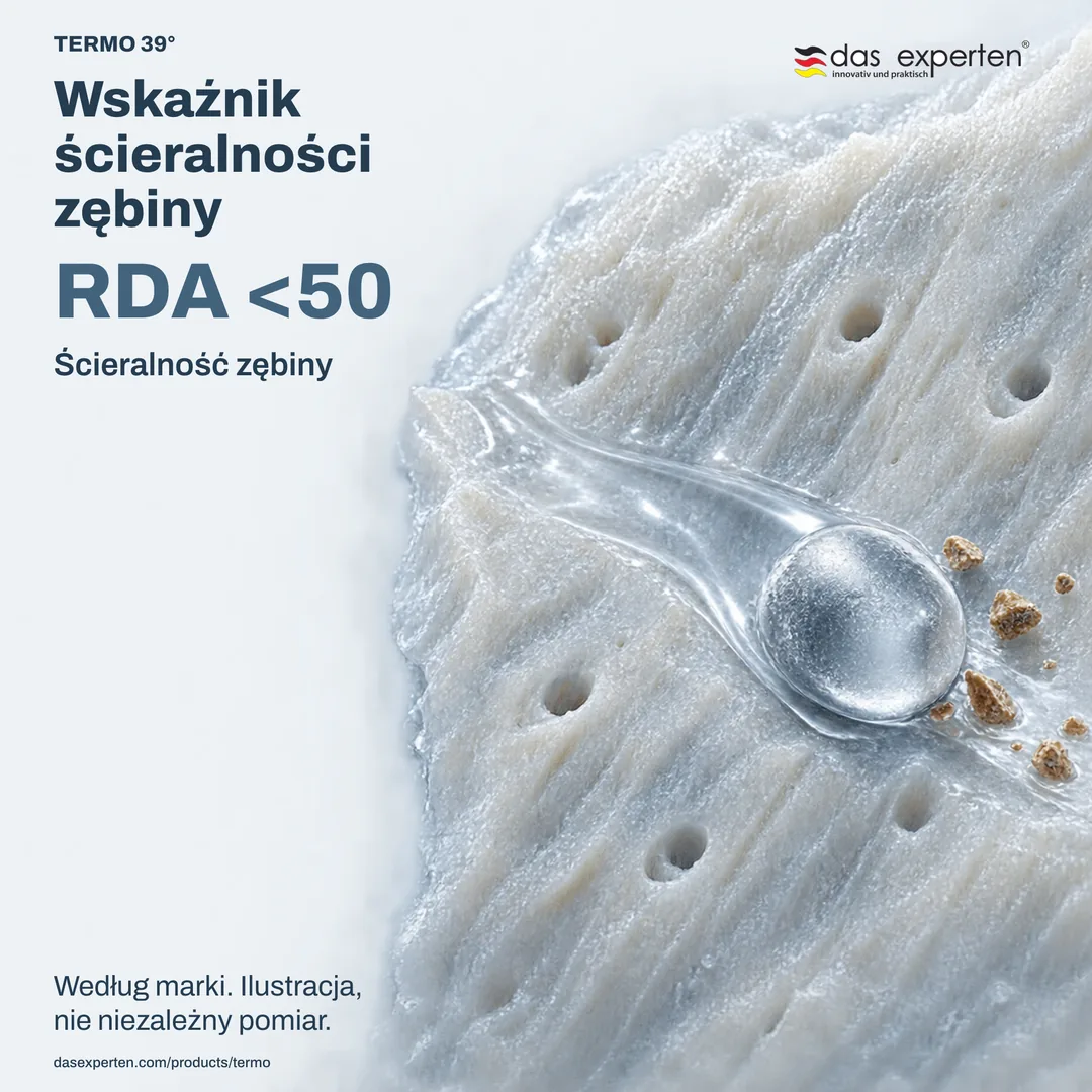 Poglądowa powierzchnia zębiny z wartością RDA <50: wskaźnik ścieralności zębiny według marki