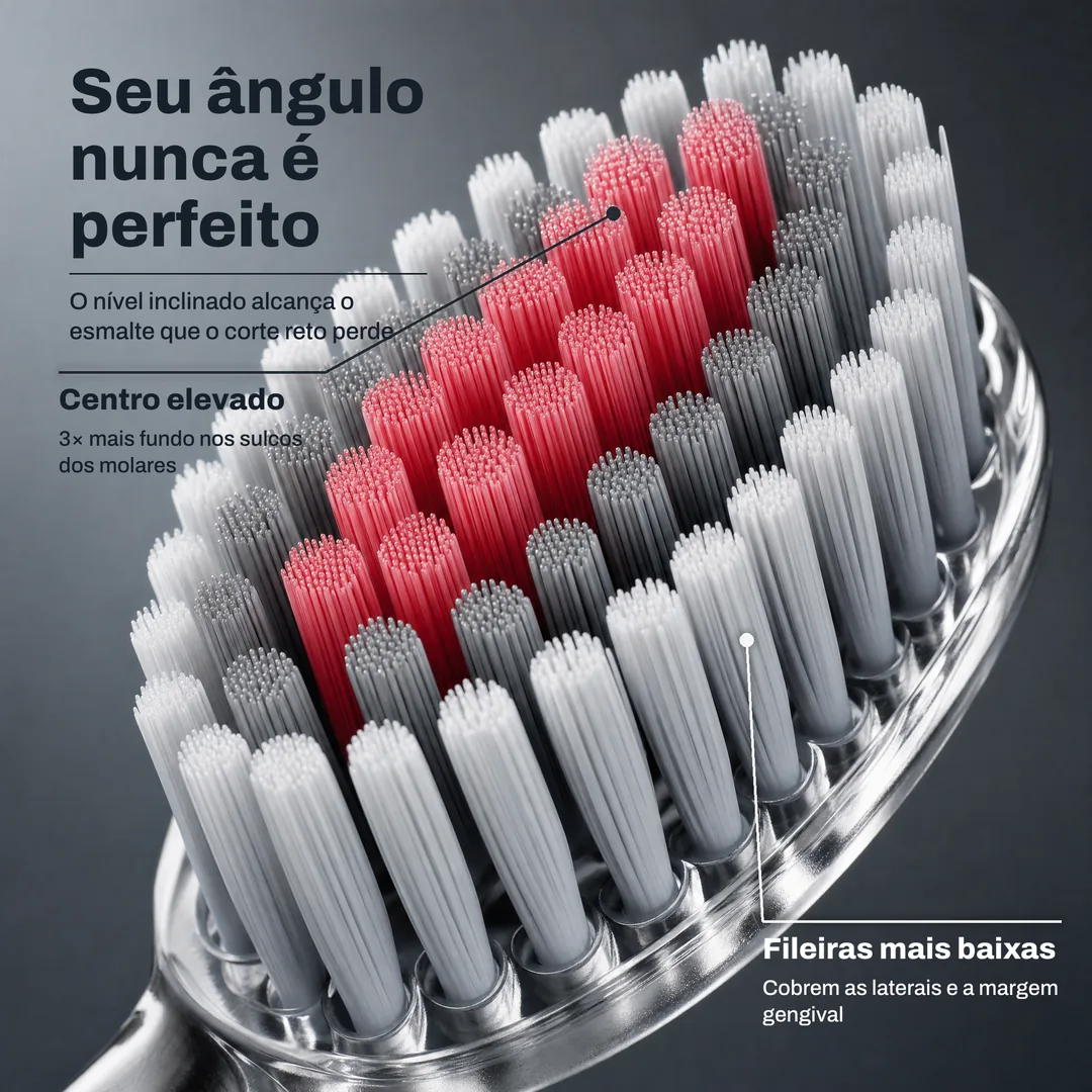 Seu ângulo nunca é perfeito — O nível inclinado alcança o esmalte que o corte reto perde · Centro elevado: 3× mais fundo nos sulcos dos molares · Fileiras mais baixas: Cobrem as laterais e a margem gengival