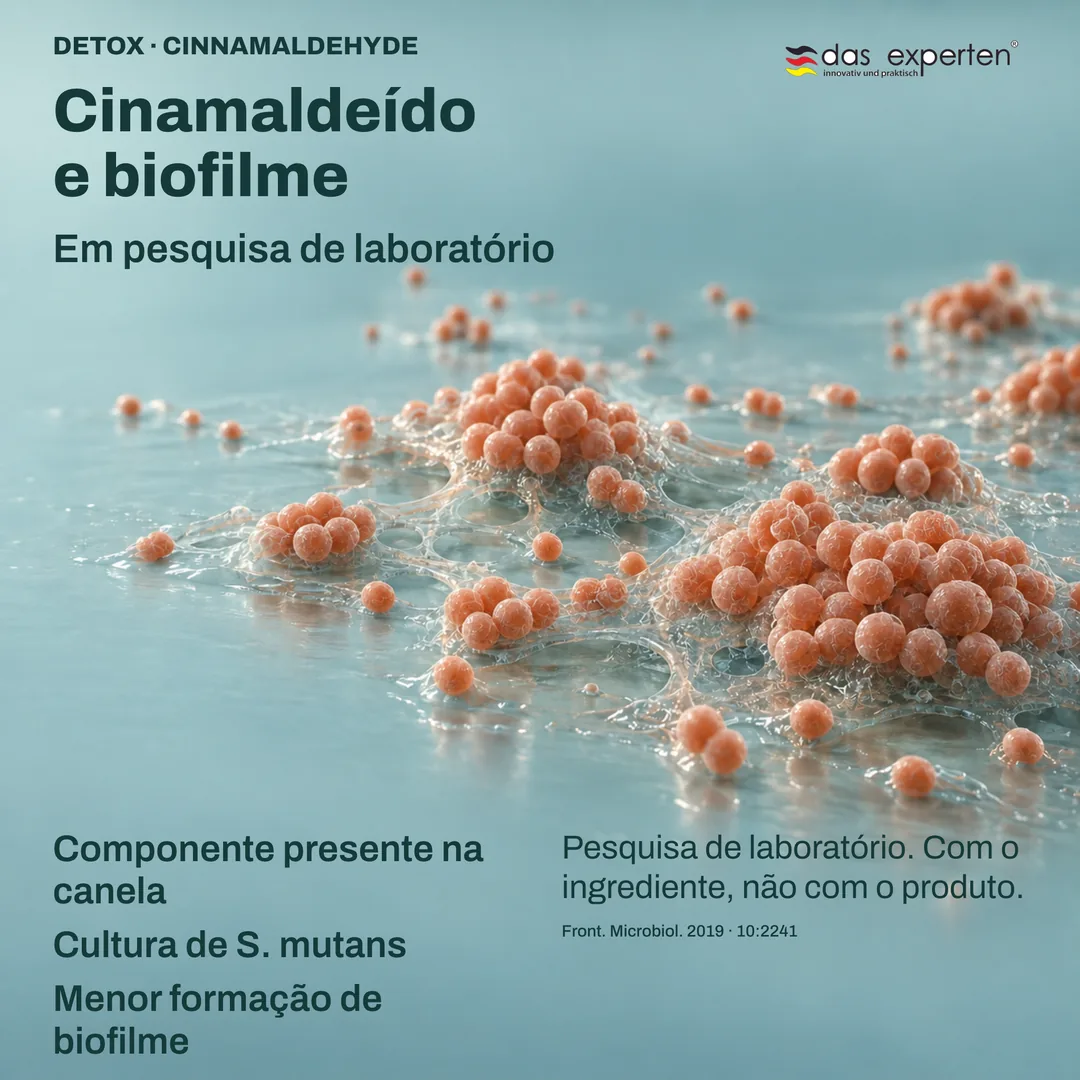 Ilustração de uma cultura de S. mutans formando menos biofilme com cinamaldeído, componente da canela, em laboratório