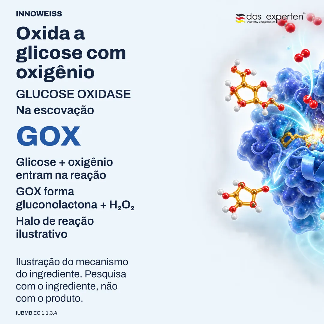 Ilustração da glicose oxidase convertendo glicose e oxigênio em gluconolactona e peróxido de hidrogênio
