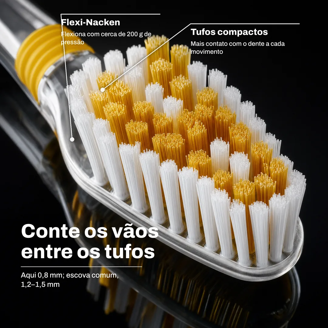Conte os vãos entre os tufos — Aqui 0,8 mm; escova comum, 1,2–1,5 mm · Tufos compactos: Mais contato com o dente a cada movimento · Flexi-Nacken: Flexiona com cerca de 200 g de pressão