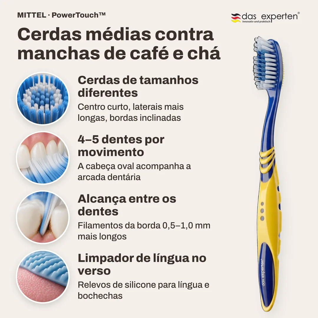 Cerdas médias contra manchas de café e chá — Cerdas de tamanhos diferentes; 4–5 dentes por movimento; Alcança entre os dentes; Limpador de língua no verso