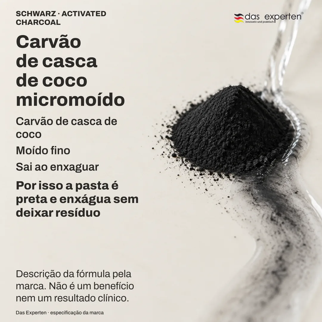 Ilustração de pó de carvão de coco micromoído levado pela água do enxágue: descrição da fórmula pela marca