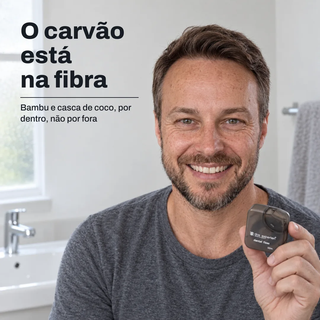 O carvão está na fibra — Bambu e casca de coco, por dentro, não por fora