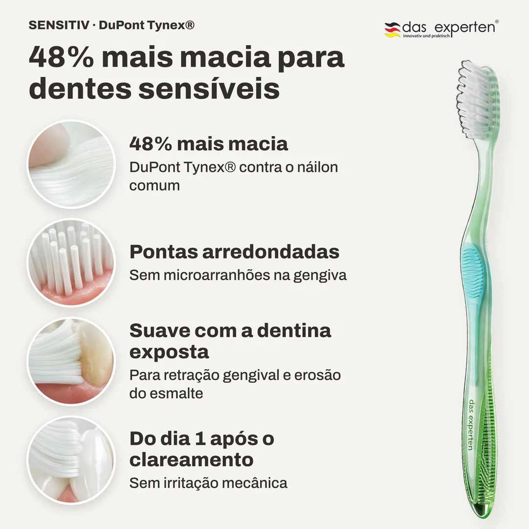 48% mais macia para dentes sensíveis — 48% mais macia; Pontas arredondadas; Suave com a dentina exposta; Do dia 1 após o clareamento