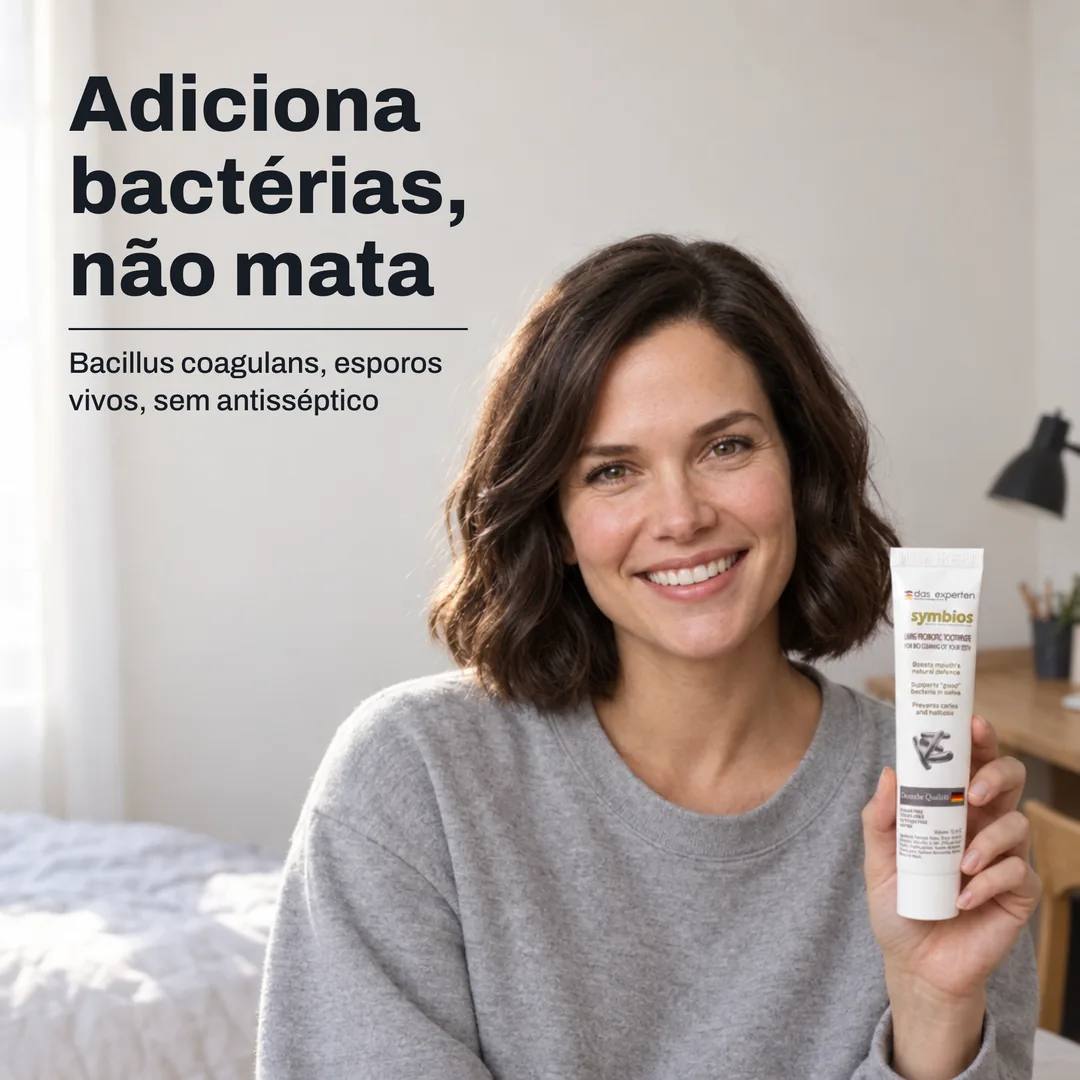 Adiciona bactérias, não mata — Bacillus coagulans, esporos vivos, sem antisséptico