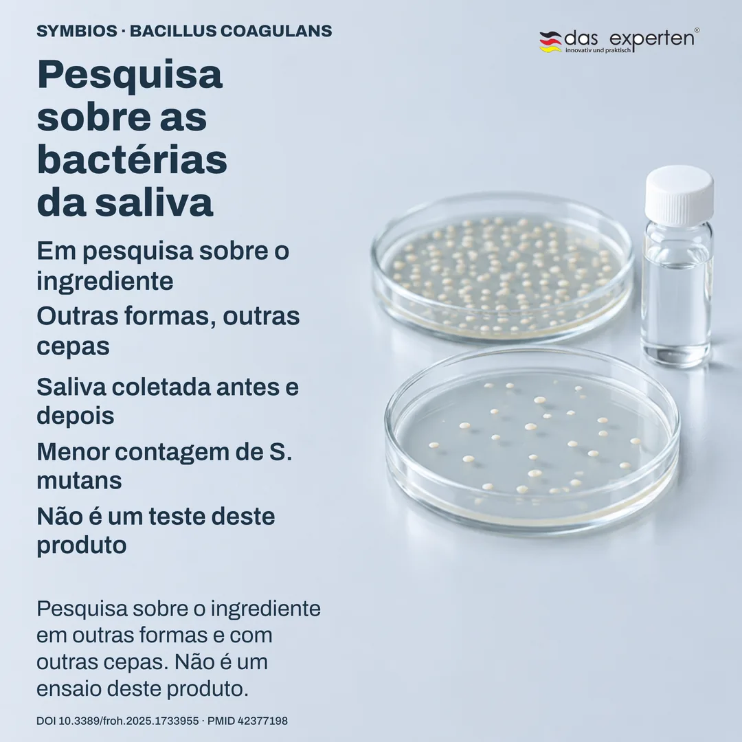 Cena de laboratório: amostras de saliva e placas de cultura identificadas — pesquisa sobre o ingrediente, não sobre este produto