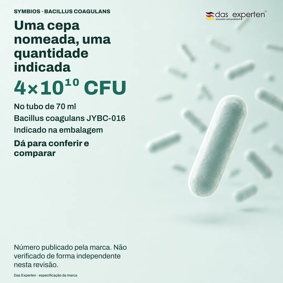 Placa de especificação ilustrada com 4×10¹⁰ CFU no tubo de 70 ml e a cepa Bacillus coagulans JYBC-016, segundo a marca