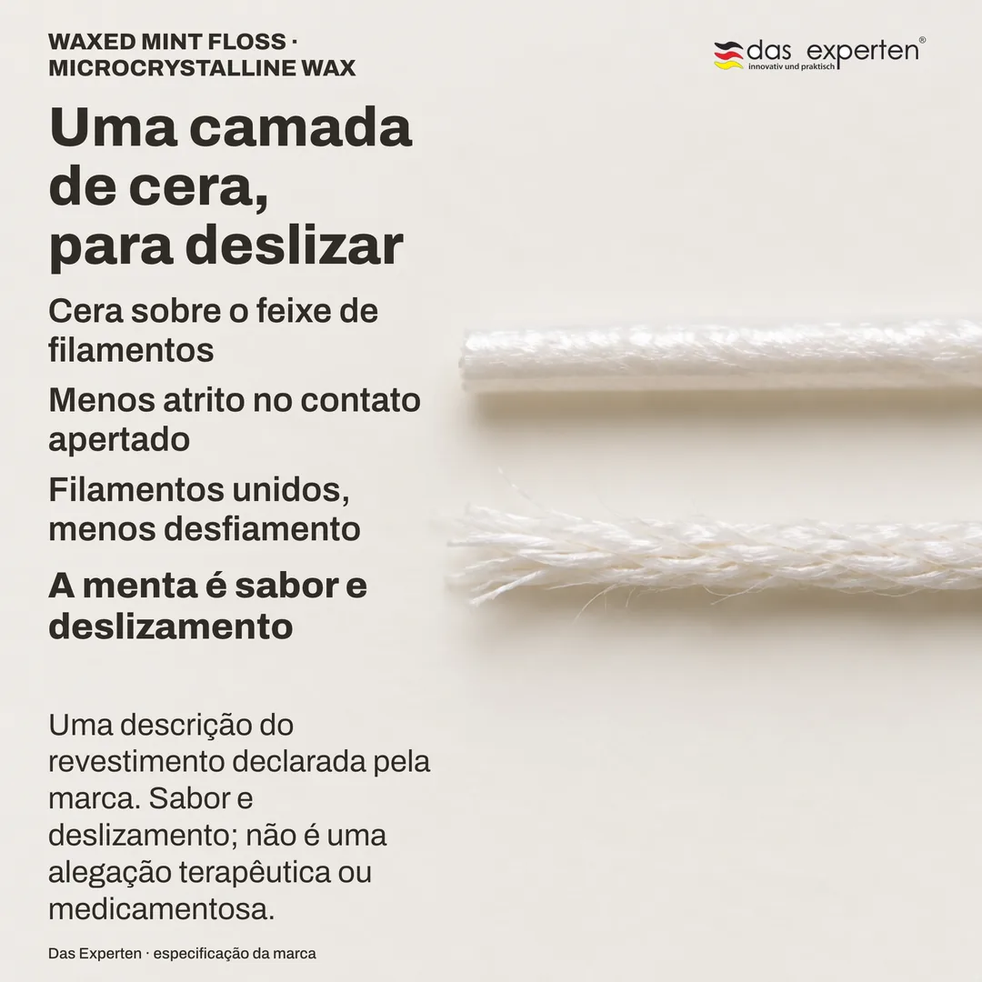 Estudo de material: um fio encerado ampliado, com camada contínua, ao lado de um feixe sem cera cujas fibras se separam