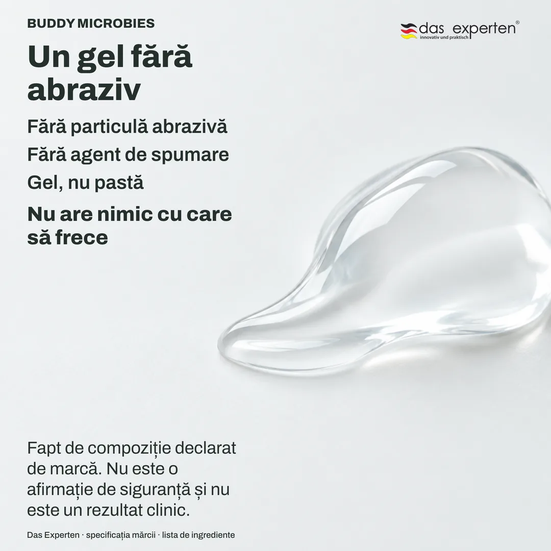 Ilustrație cu un gel transparent pe un cap mic de periuță, fără spumă: un gel fără abraziv