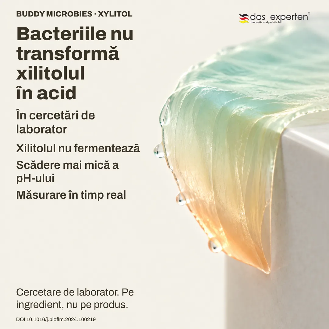 Ilustrație a măsurării pH-ului într-un biofilm: cu xilitol pH-ul scade mai puțin — cercetare pe ingredient