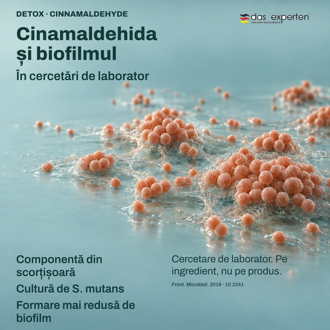 Ilustrație: cultură de S. mutans care formează mai puțin biofilm cu cinamaldehidă, componentă a scorțișoarei, în laborator