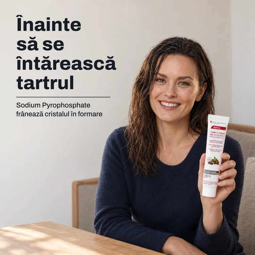 Înainte să se întărească tartrul — Sodium Pyrophosphate frânează cristalul în formare
