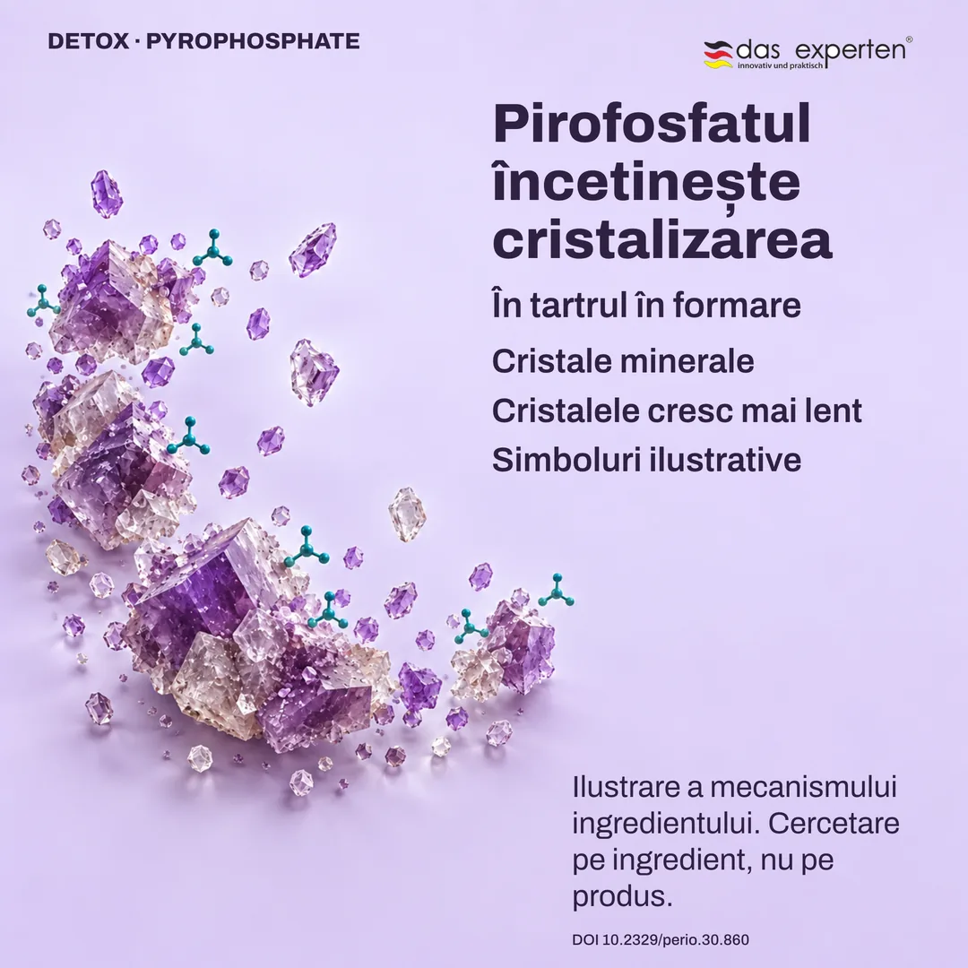 Ilustrație: cristalele minerale din tartrul în formare cresc mai lent cu pirofosfat
