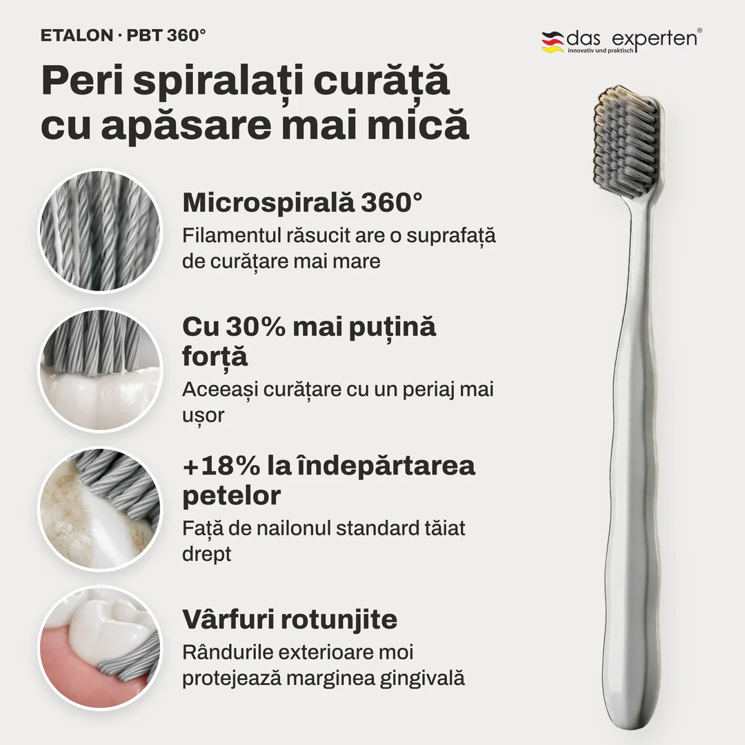 Peri spiralați curăță cu apăsare mai mică — Microspirală 360°; Cu 30% mai puțină forță; +18% la îndepărtarea petelor; Vârfuri rotunjite