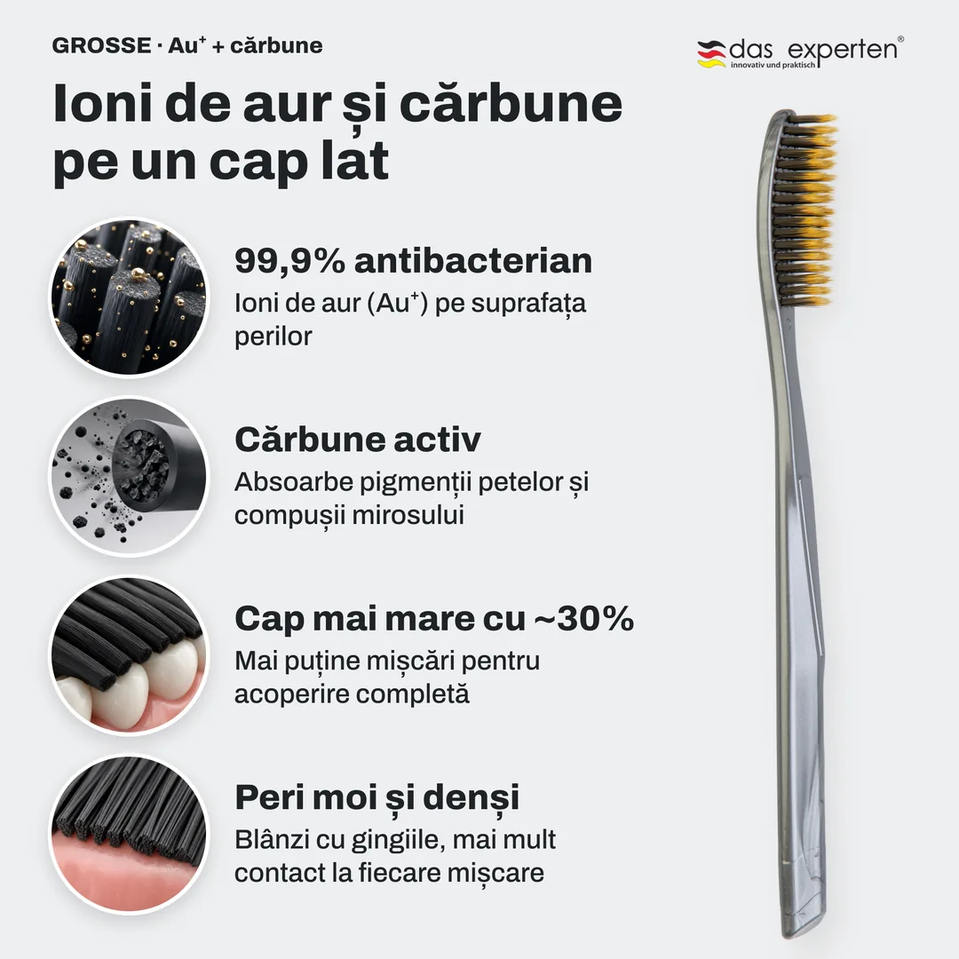 Ioni de aur și cărbune pe un cap lat — 99,9% antibacterian; Cărbune activ; Cap mai mare cu ~30%; Peri moi și denși