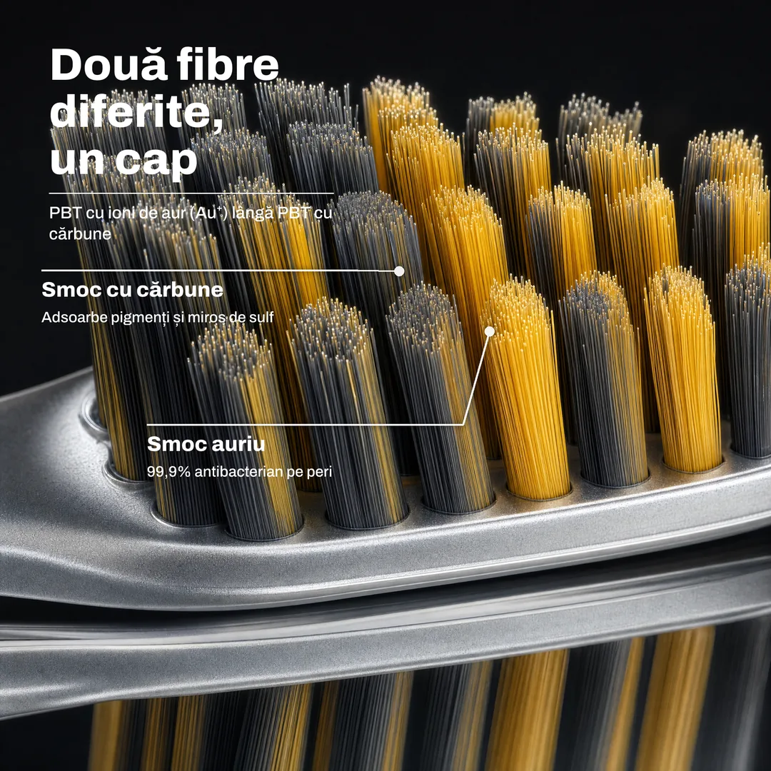 Două fibre diferite, un cap — PBT cu ioni de aur (Au⁺) lângă PBT cu cărbune · Smoc auriu: 99,9% antibacterian pe peri · Smoc cu cărbune: Adsoarbe pigmenți și miros de sulf