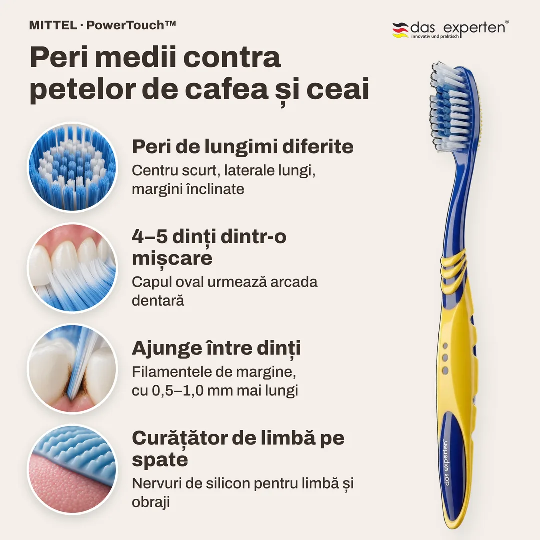 Peri medii contra petelor de cafea și ceai — Peri de lungimi diferite; 4–5 dinți dintr-o mișcare; Ajunge între dinți; Curățător de limbă pe spate