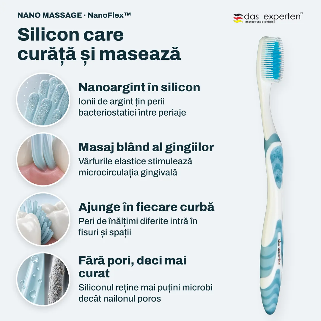 Silicon care curăță și masează — Nanoargint în silicon; Masaj blând al gingiilor; Ajunge în fiecare curbă; Fără pori, deci mai curat