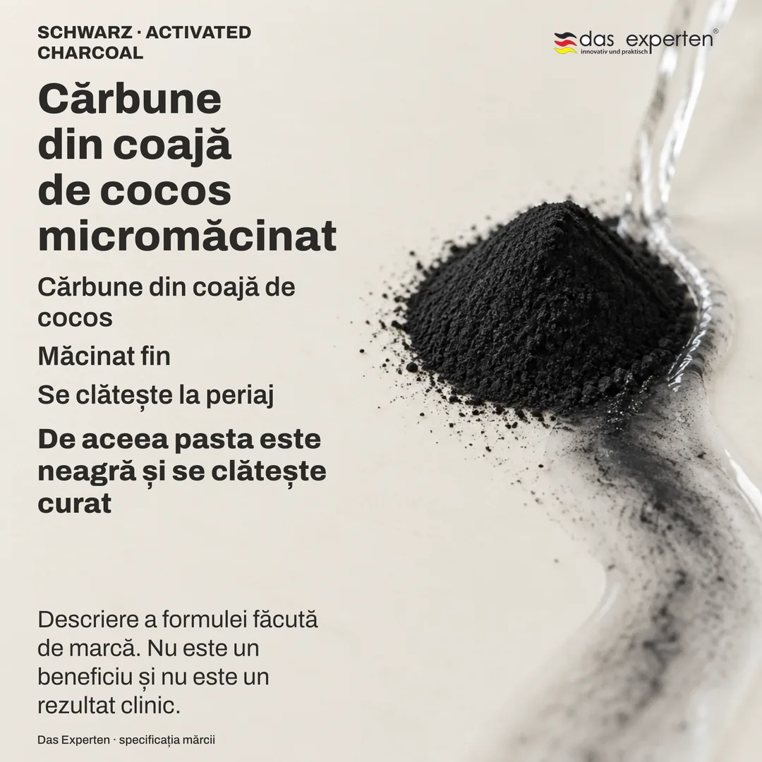 Ilustrație cu pulbere de cărbune de cocos micromăcinat dusă de apa de clătire: descrierea formulei