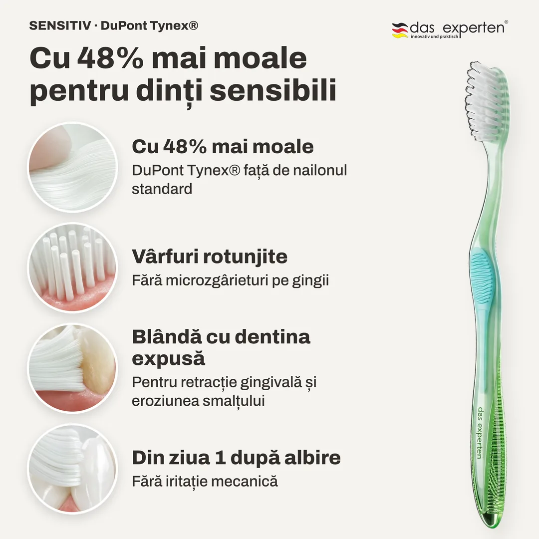 Cu 48% mai moale pentru dinți sensibili — Cu 48% mai moale; Vârfuri rotunjite; Blândă cu dentina expusă; Din ziua 1 după albire