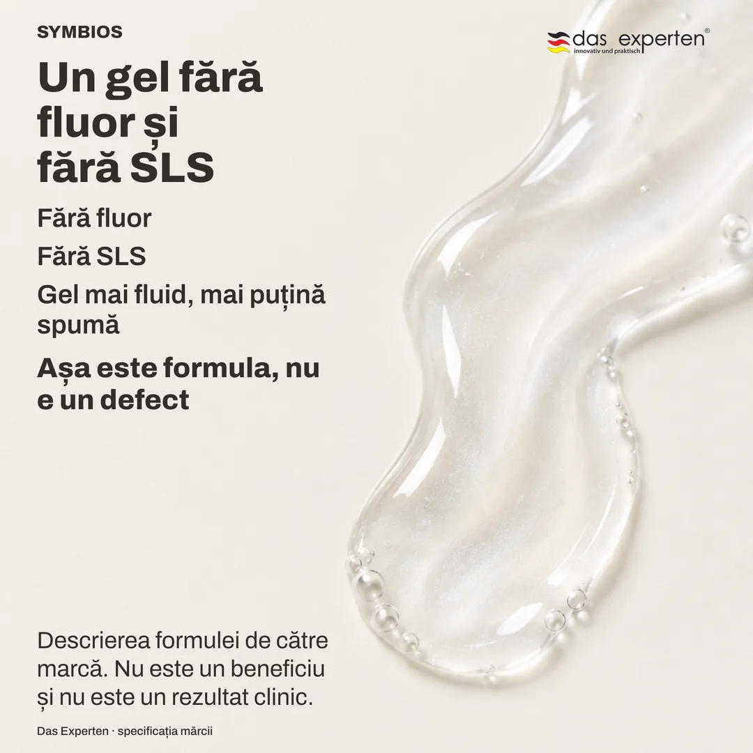 Ilustrație a unui gel translucid pe capul periuței, mai fluid decât o pastă și cu puțină spumă