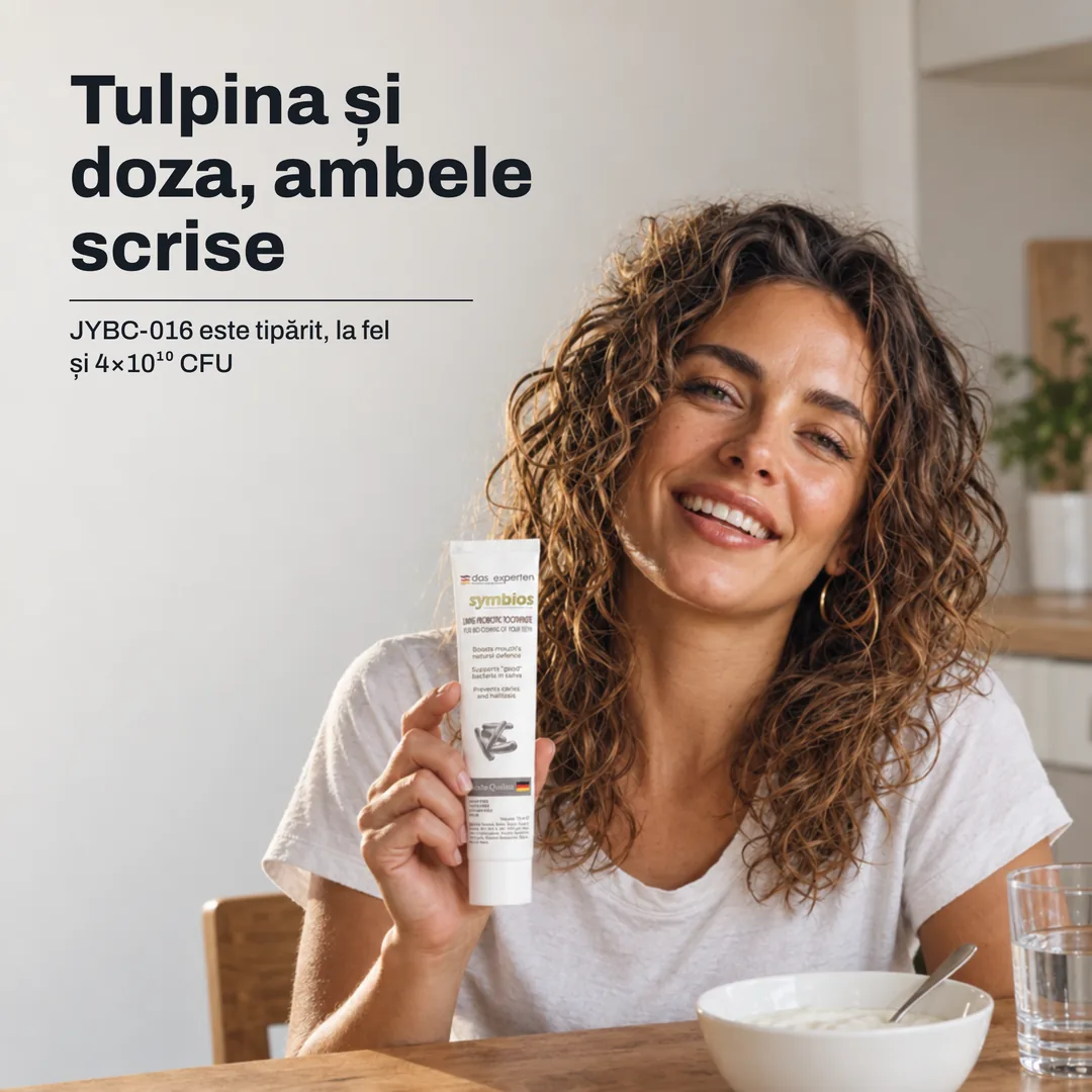 Tulpina și doza, ambele scrise — JYBC-016 este tipărit, la fel și 4×10¹⁰ CFU
