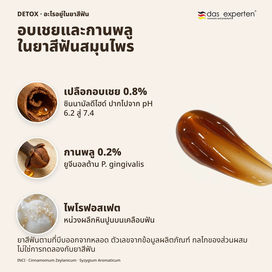 อบเชยและกานพลูในยาสีฟันสมุนไพร — เปลือกอบเชย 0.8%; กานพลู 0.2%; ไพโรฟอสเฟต