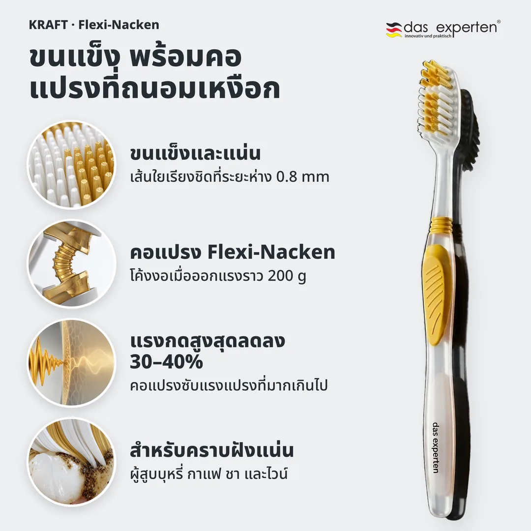 ขนแข็ง พร้อมคอแปรงที่ถนอมเหงือก — ขนแข็งและแน่น; คอแปรง Flexi-Nacken; แรงกดสูงสุดลดลง 30–40%; สำหรับคราบฝังแน่น