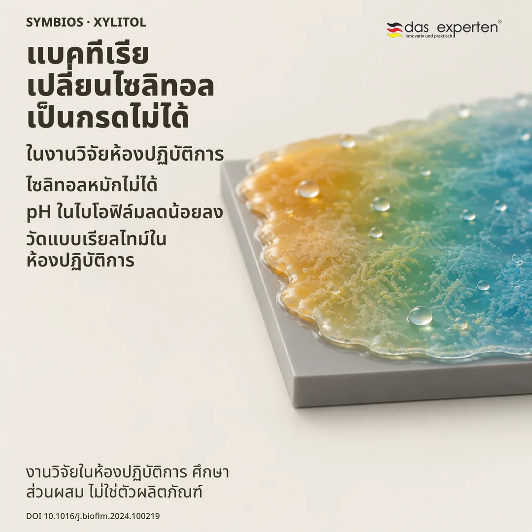 ภาพประกอบไบโอฟิล์มบนพื้นผิวทั่วไป เมื่อมีไซลิทอล pH ลดน้อยลง เป็นการวัดในห้องปฏิบัติการ