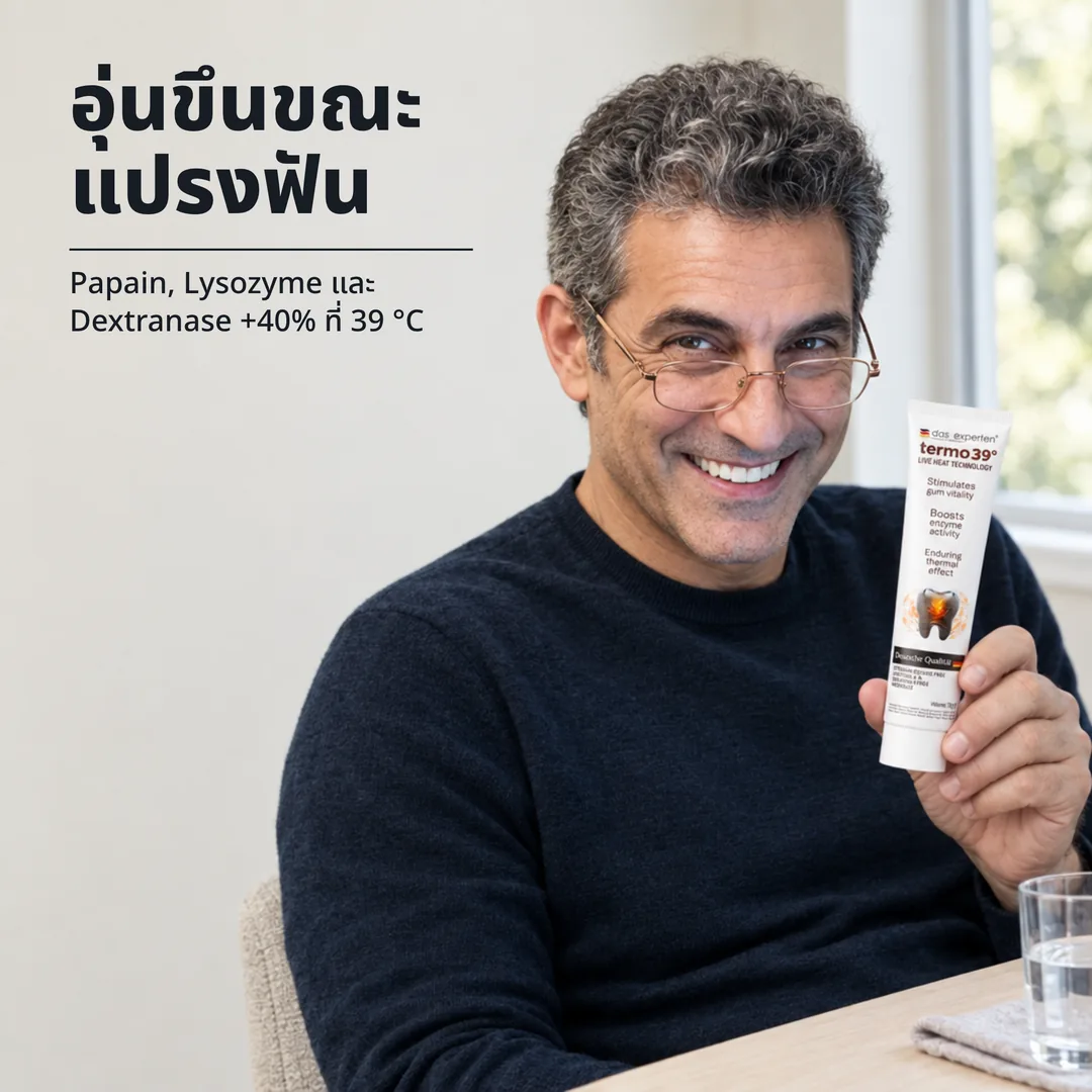 อุ่นขึ้นขณะแปรงฟัน — Papain, Lysozyme และ Dextranase +40% ที่ 39 °C