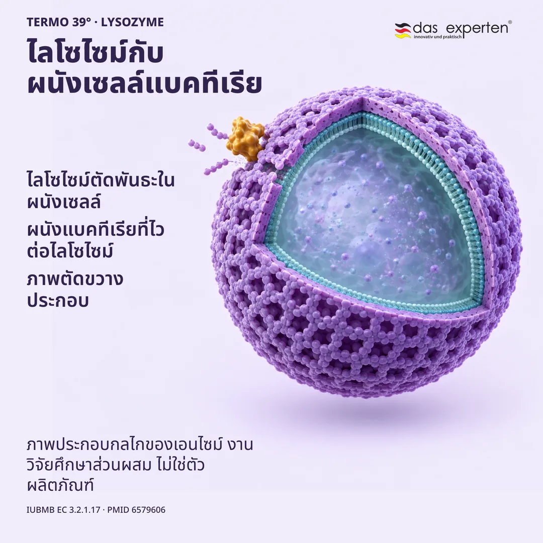 ภาพตัดขวางประกอบ ไลโซไซม์ตัดพันธะในผนังเซลล์แบคทีเรียที่ไวต่อไลโซไซม์