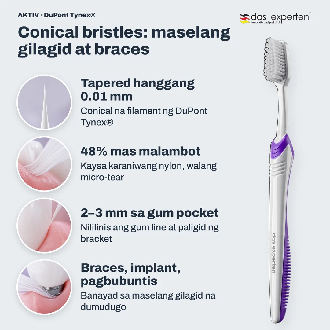 Conical bristles: maselang gilagid at braces — Tapered hanggang 0.01 mm; 48% mas malambot; 2–3 mm sa gum pocket; Braces, implant, pagbubuntis