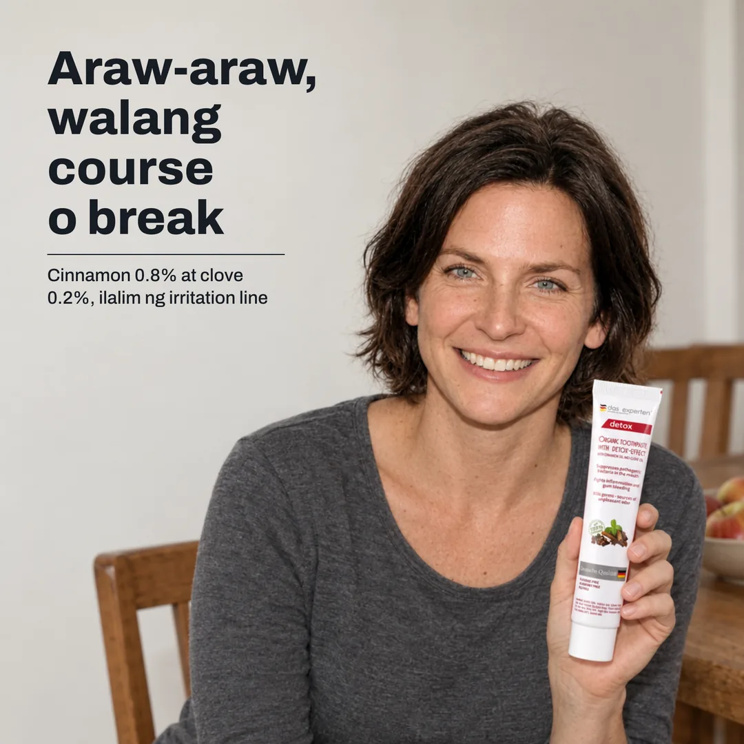 Araw-araw, walang course o break — Cinnamon 0.8% at clove 0.2%, ilalim ng irritation line