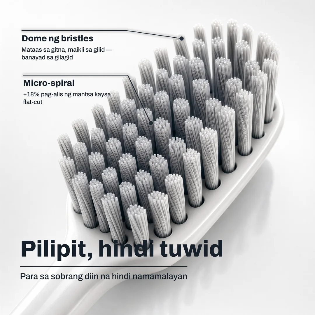 Pilipit, hindi tuwid — Para sa sobrang diin na hindi namamalayan · Micro-spiral: +18% pag-alis ng mantsa kaysa flat-cut · Dome ng bristles: Mataas sa gitna, maikli sa gilid — banayad sa gilagid