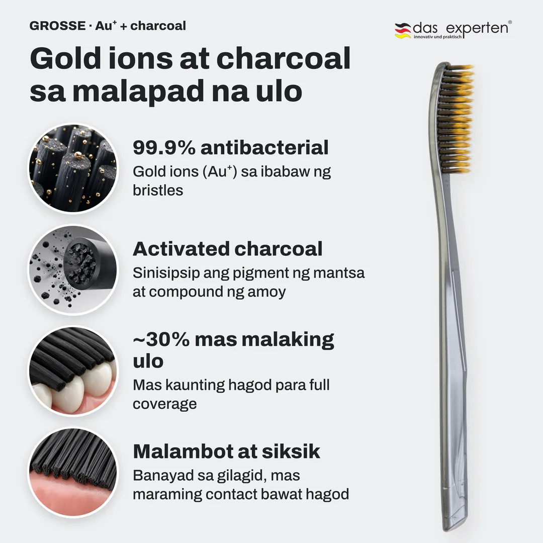 Gold ions at charcoal sa malapad na ulo — 99.9% antibacterial; Activated charcoal; ~30% mas malaking ulo; Malambot at siksik