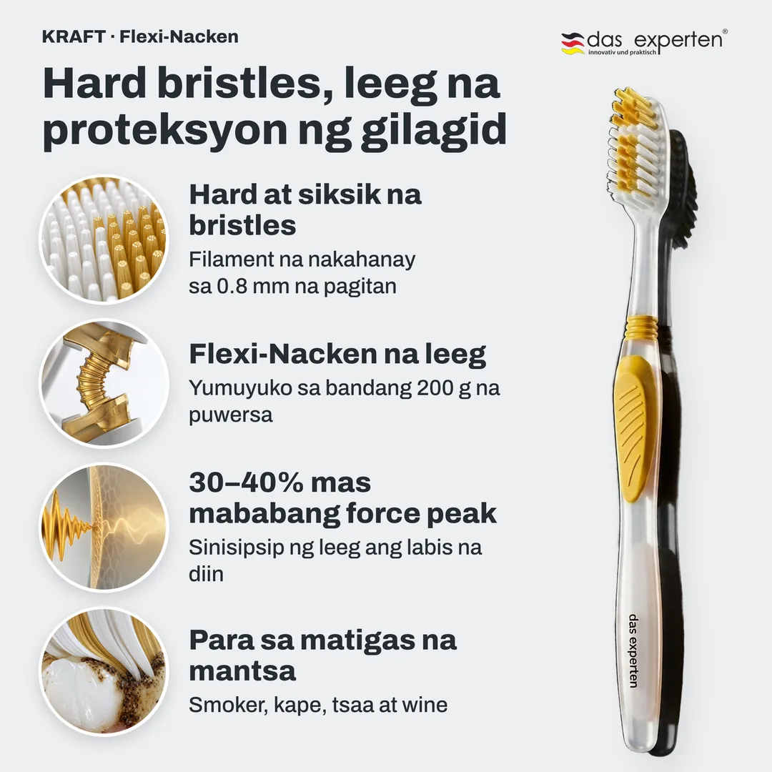 Hard bristles, leeg na proteksyon ng gilagid — Hard at siksik na bristles; Flexi-Nacken na leeg; 30–40% mas mababang force peak; Para sa matigas na mantsa