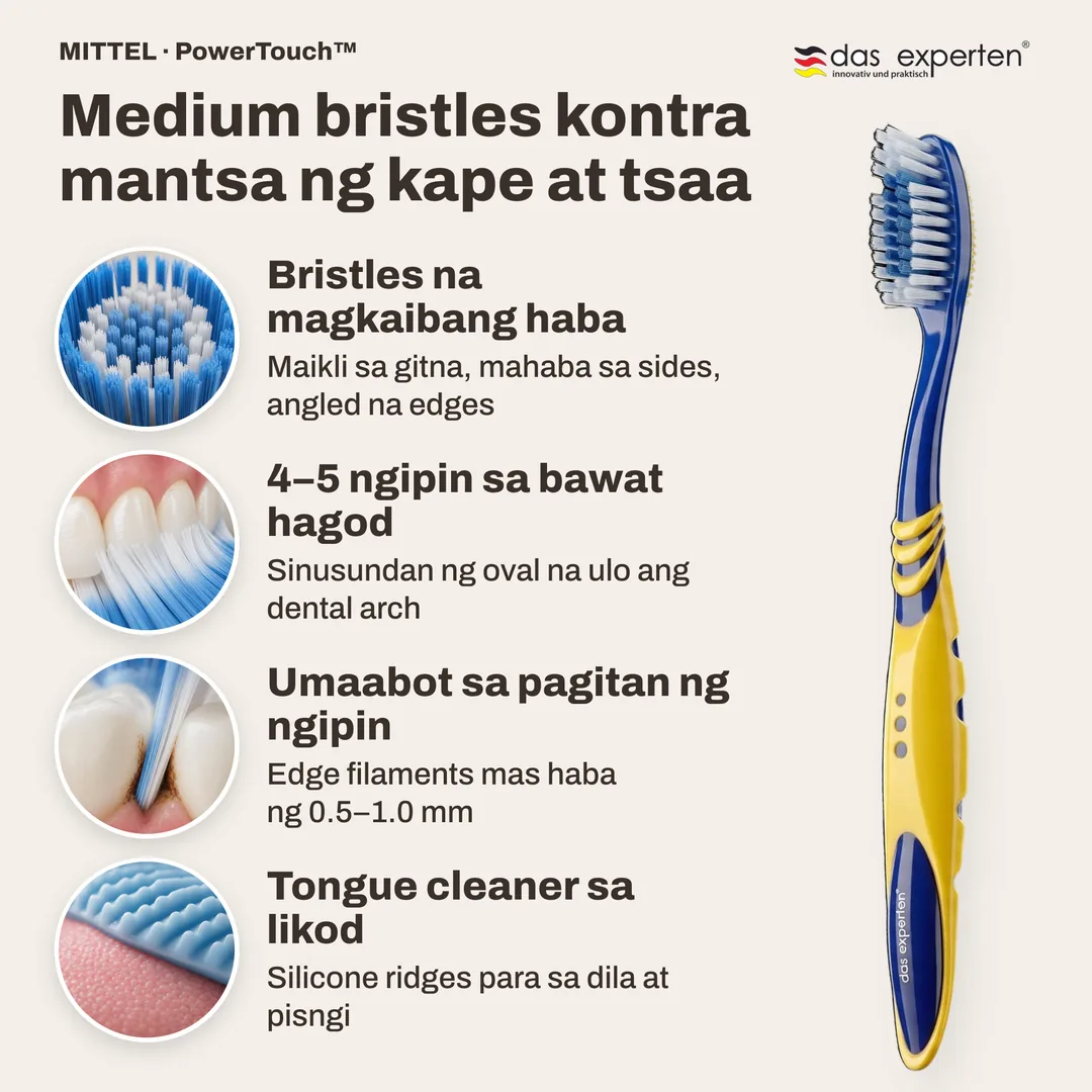 Medium bristles kontra mantsa ng kape at tsaa — Bristles na magkaibang haba; 4–5 ngipin sa bawat hagod; Umaabot sa pagitan ng ngipin; Tongue cleaner sa likod