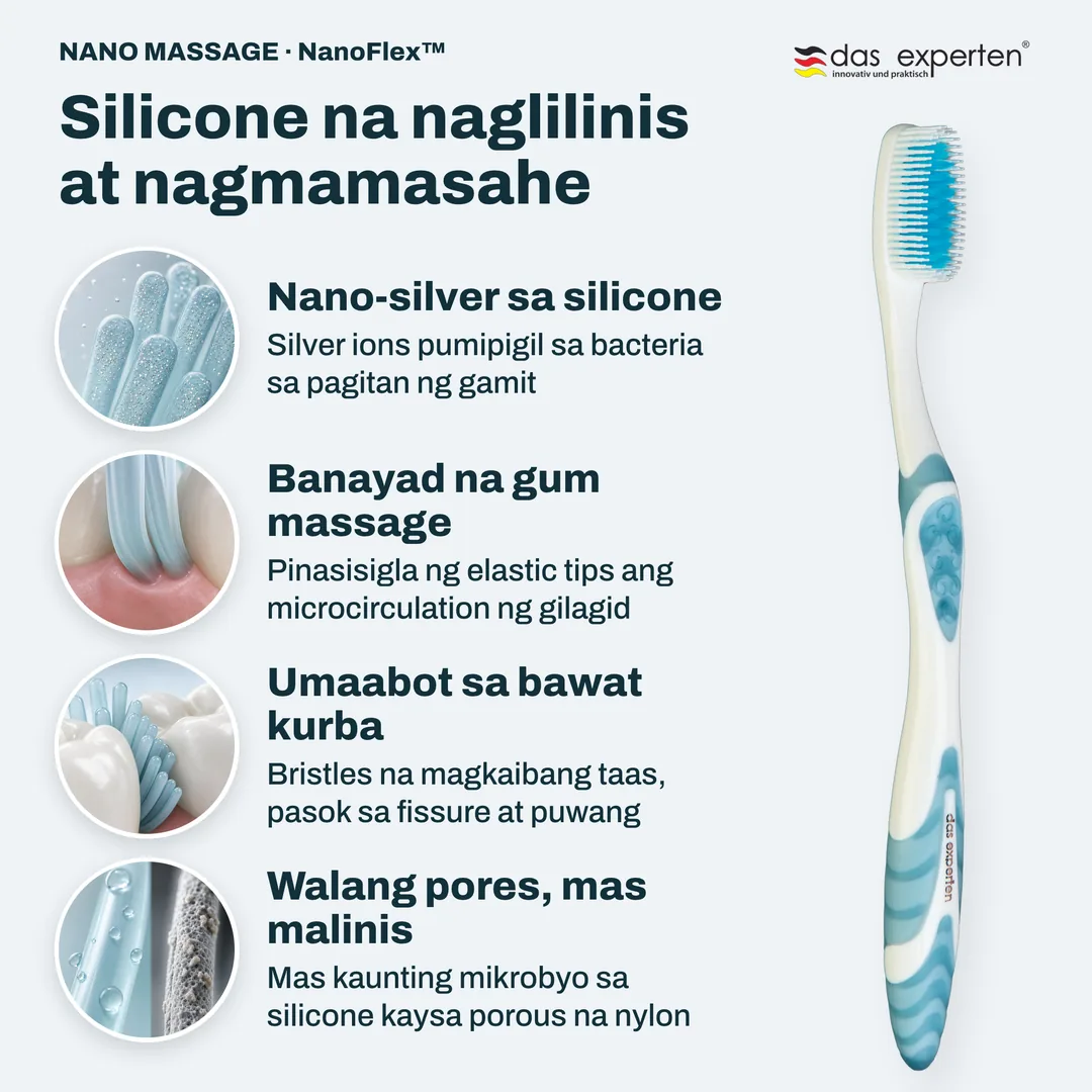 Silicone na naglilinis at nagmamasahe — Nano-silver sa silicone; Banayad na gum massage; Umaabot sa bawat kurba; Walang pores, mas malinis