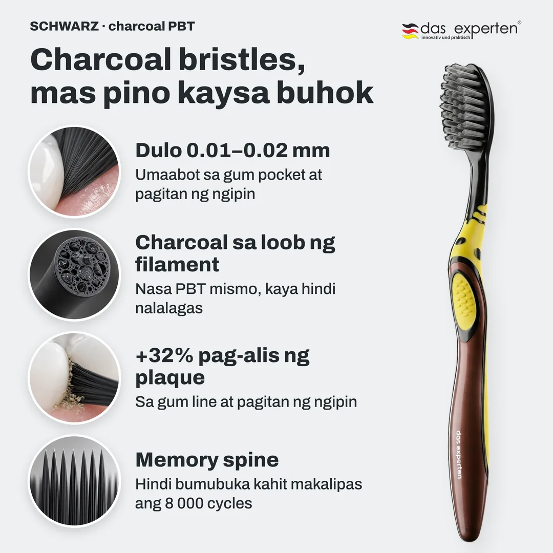 Charcoal bristles, mas pino kaysa buhok — Dulo 0.01–0.02 mm; Charcoal sa loob ng filament; +32% pag-alis ng plaque; Memory spine