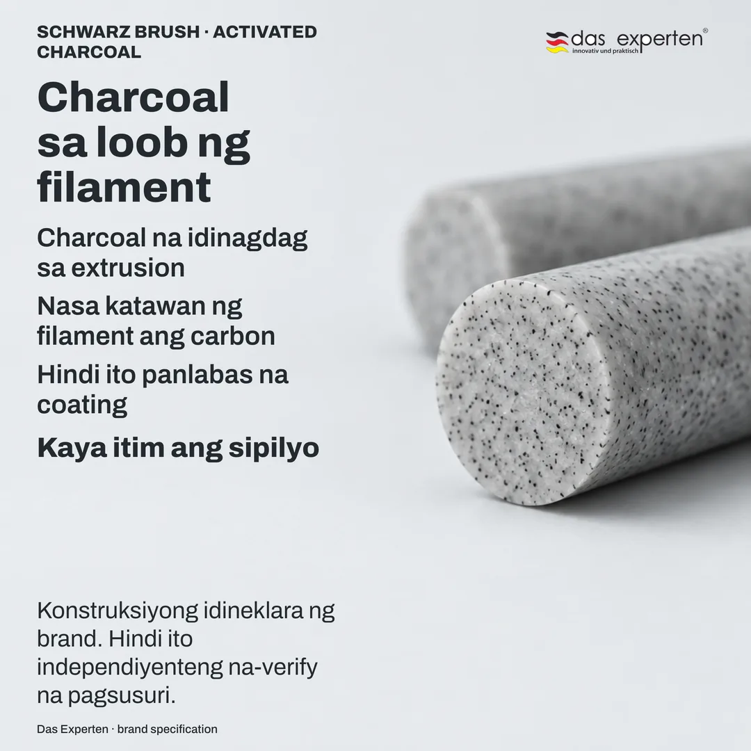 Eskematikong cross-section ng filament: kalat ang charcoal sa polymer, hindi nakapatong sa ibabaw