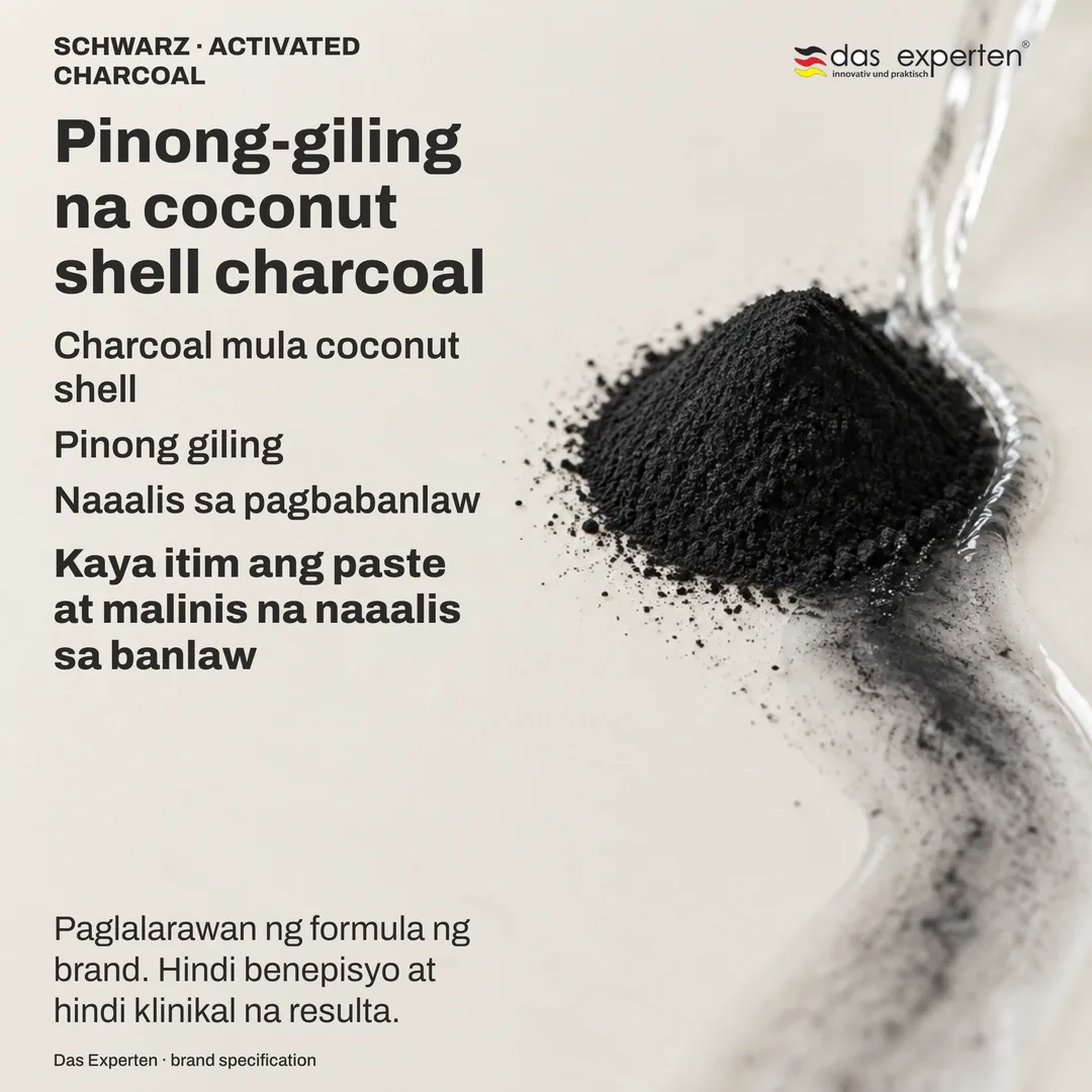 Ilustrasyon ng pinong coconut charcoal powder na tinatangay ng tubig sa pagbabanlaw: paglalarawan ng formula