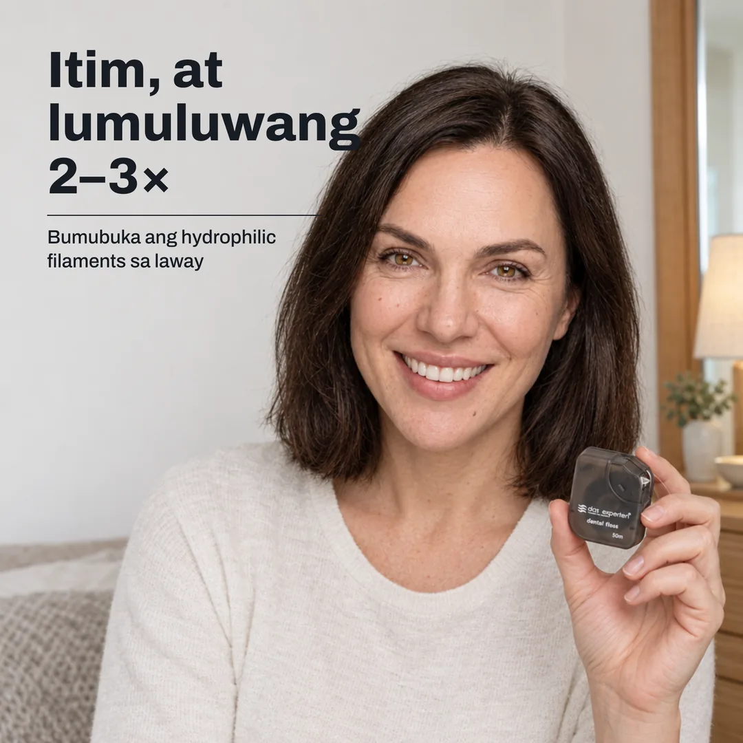 Itim, at lumuluwang 2–3× — Bumubuka ang hydrophilic filaments sa laway