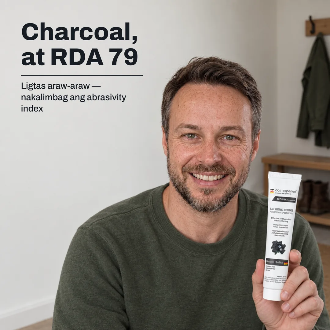 Charcoal, at RDA 79 — Ligtas araw-araw — nakalimbag ang abrasivity index