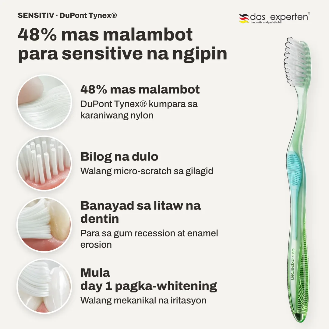 48% mas malambot para sensitive na ngipin — 48% mas malambot; Bilog na dulo; Banayad sa litaw na dentin; Mula day 1 pagka-whitening