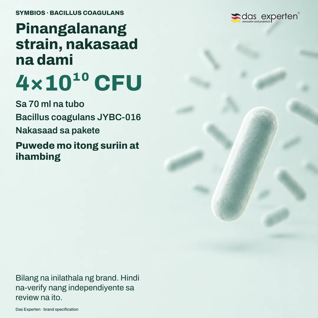 Ilustrasyon ng specification plate na may 4×10¹⁰ CFU sa 70 ml na tubo at strain na Bacillus coagulans JYBC-016 ayon sa brand